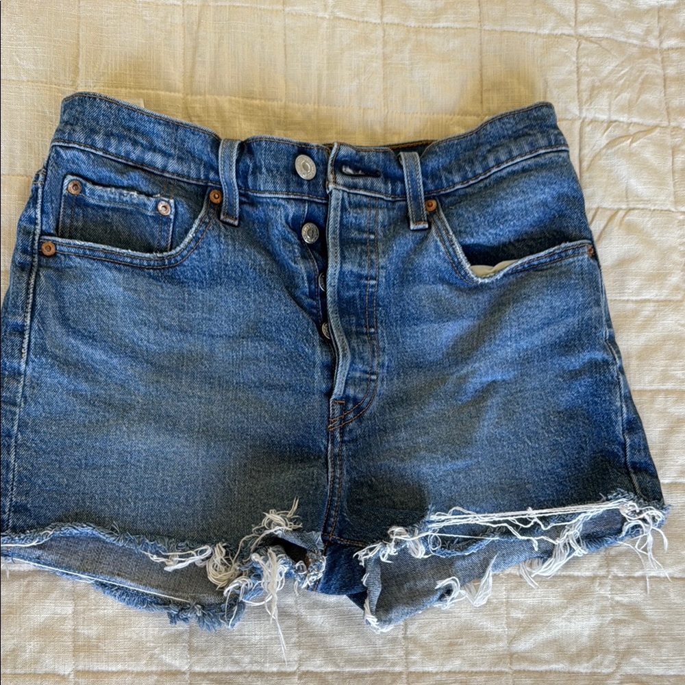 Levi's Blue High-Waisted Jean Shorts Distressed